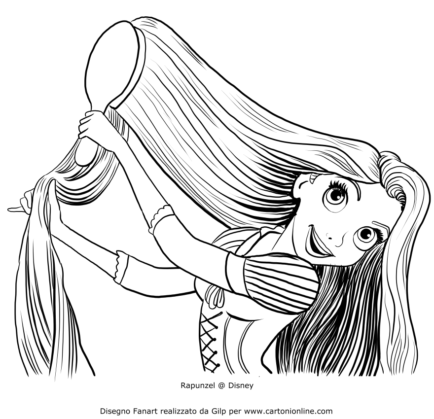Desenho de Rapunzel penteando o cabelo para impresso e colorir 
