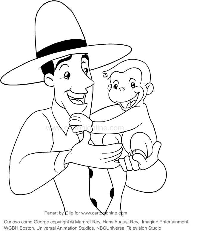 Desenho de George e ou homem de chapu amarelo (George, o curioso) para impresso e colorir