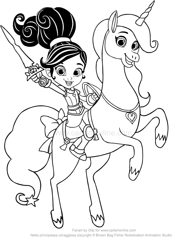 Desenho de Nella e o unicornio Trinket para impresso e colorir