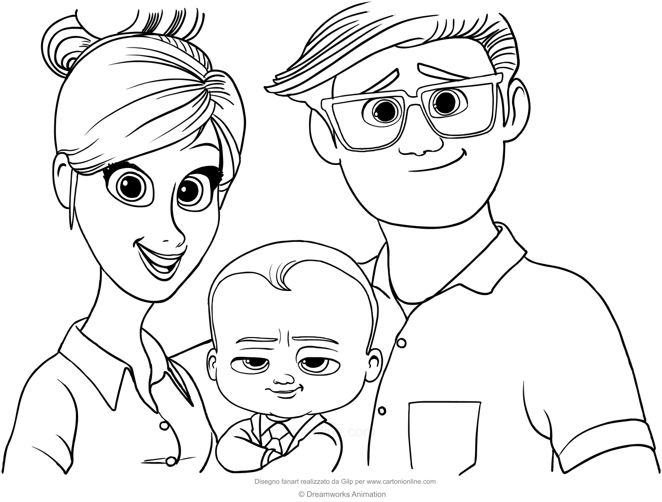 Desenho de o Poderoso Chefinho com os pais para impresso e colorir