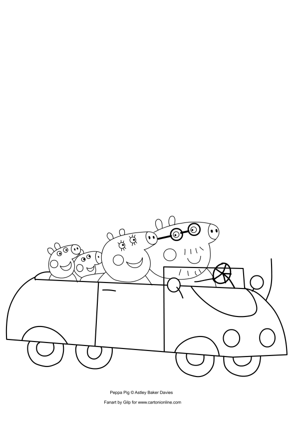 Desenho de Peppa Pig no carro com sua famlia