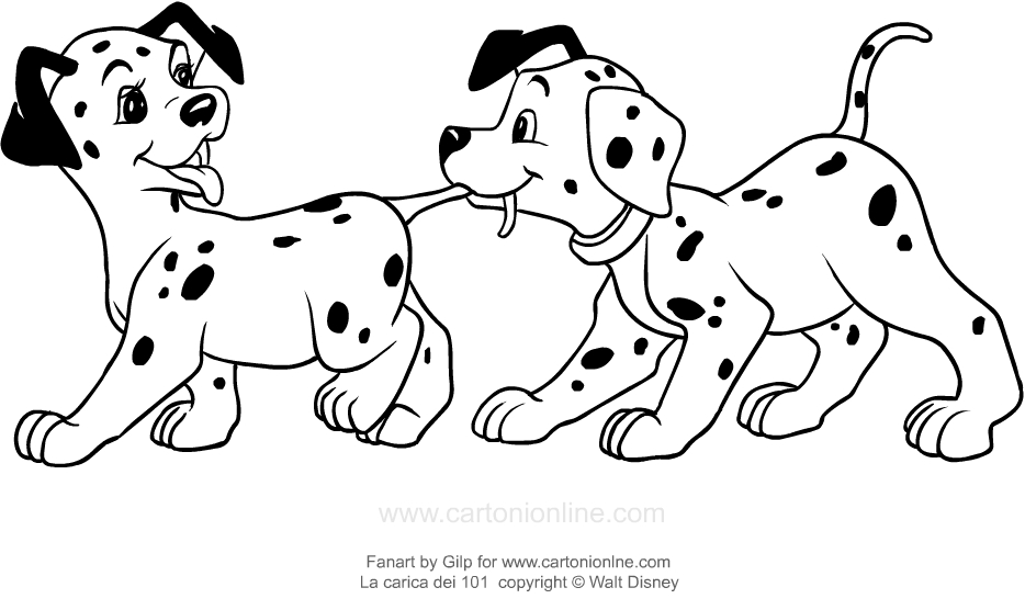 Dibujo de los cachorros de los 101 dlmatas que muerden sus colas para imprimir y colorear