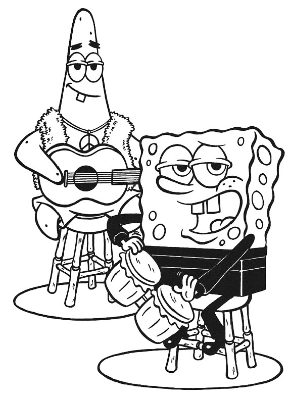 Dibujo de Bob Esponja e Patrick che suonano chitarra e bonghetti para imprimir y colorear 