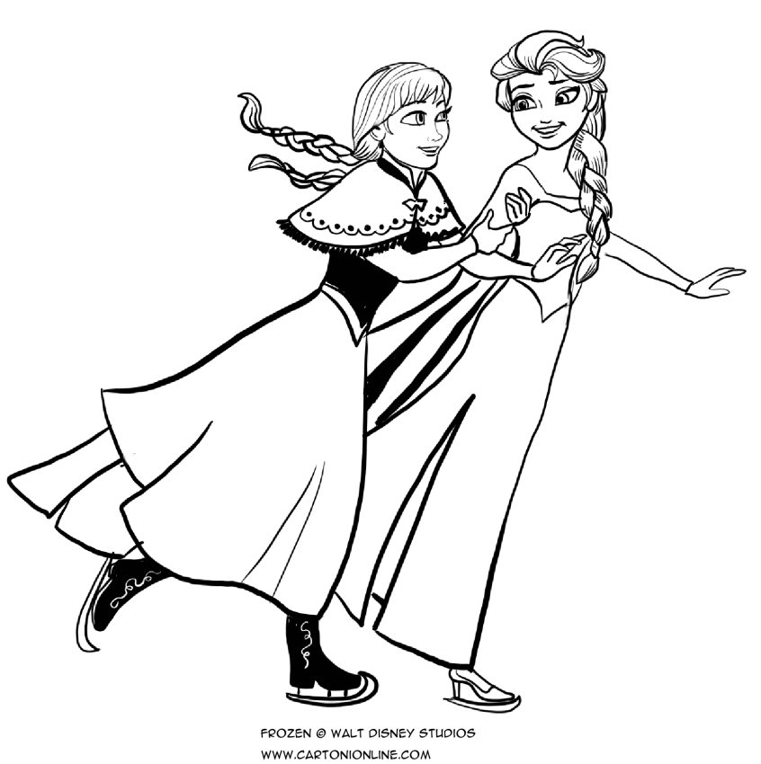 Dibujo de Anna y Elsa patinan sobre el hielo  para colorear