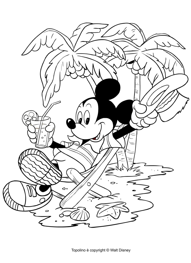 Dibujo de Mickey Mouse de vacaciones para imprimir y colorear 