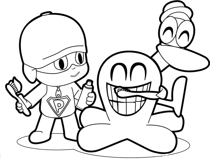 Dibujo de Super Pocoyo, Freddy el pulpo y Pato que se cepillan los dientes para imprimir y colorear
