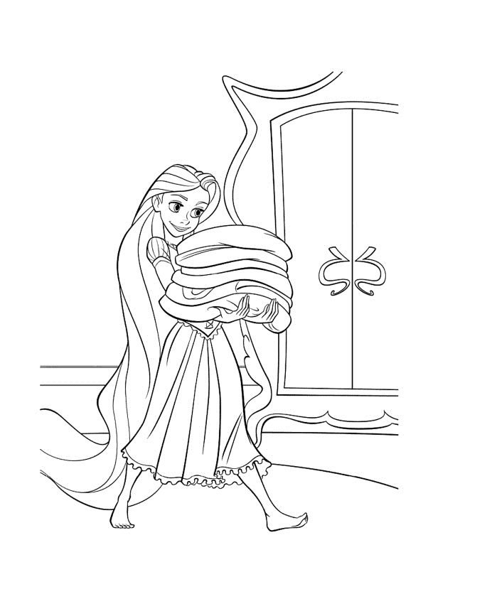 Dibujo de Rapunzel que pone la ropa en el armario para imprimir y colorear 