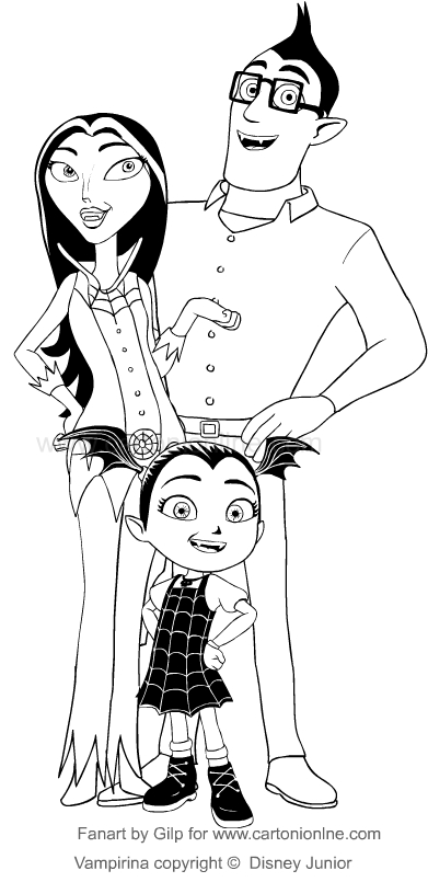 Dibujo de Vampirina con i suo padres para imprimir y colorear
