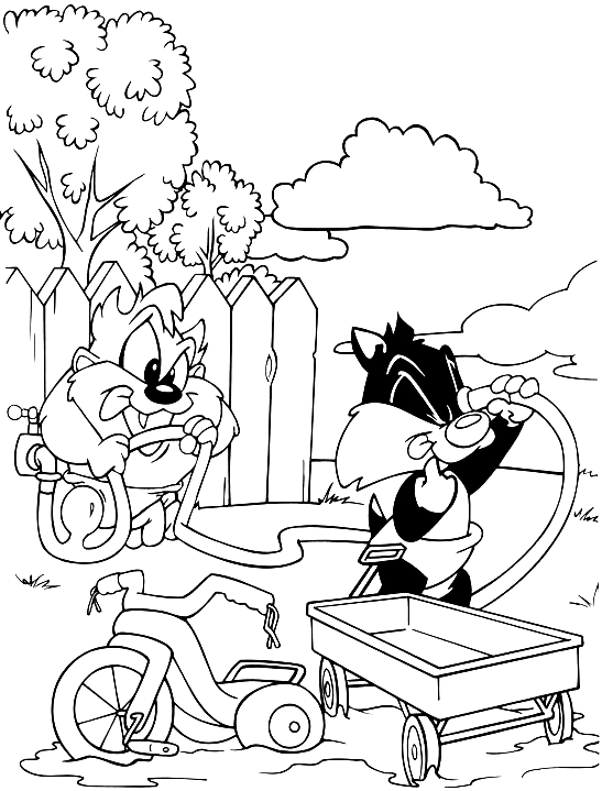 Disegno di Baby Silvestro che litiga con Baby Taz per la pompa dell'acqua (Baby Looney Tunes) da stampare e colorare