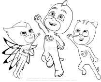 I PJ Masks Super pigiamini saltano per la gioia di aere raggiunto il successo contro i cattivi che vogliono rovinare la giornata