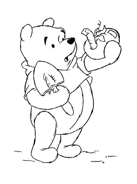 Disegno da colorare di Winnie the Pooh con il verme nella mela