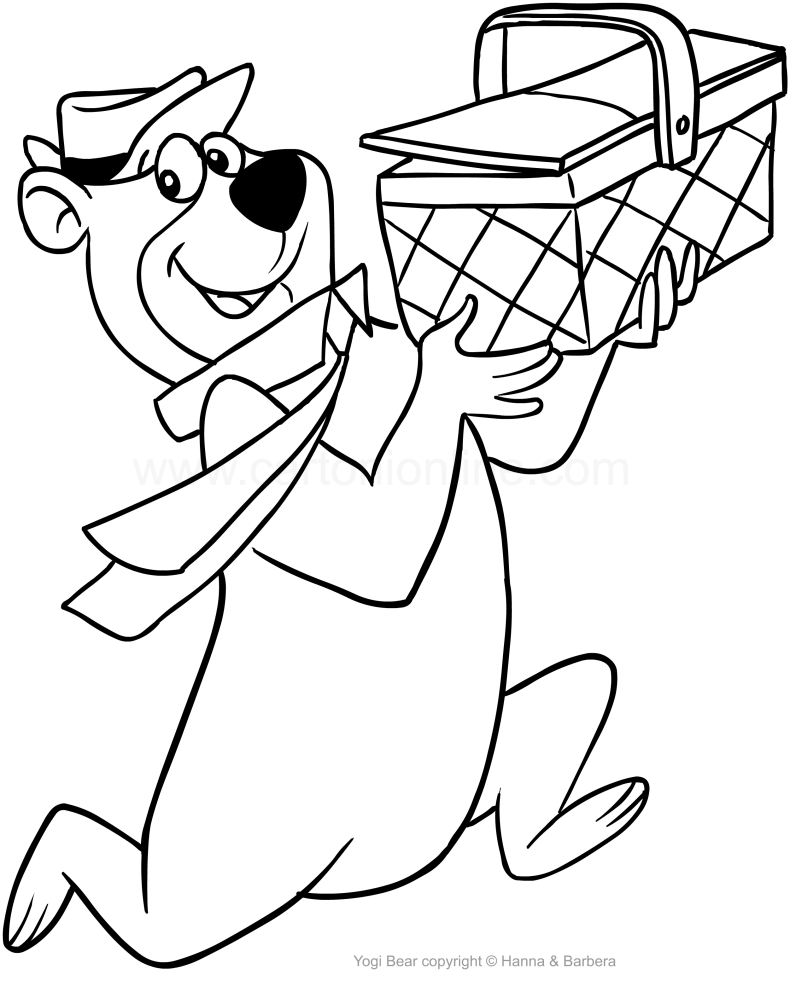 Drawing the Yogi Bear stealing the snack basket coloring pages printable for kids