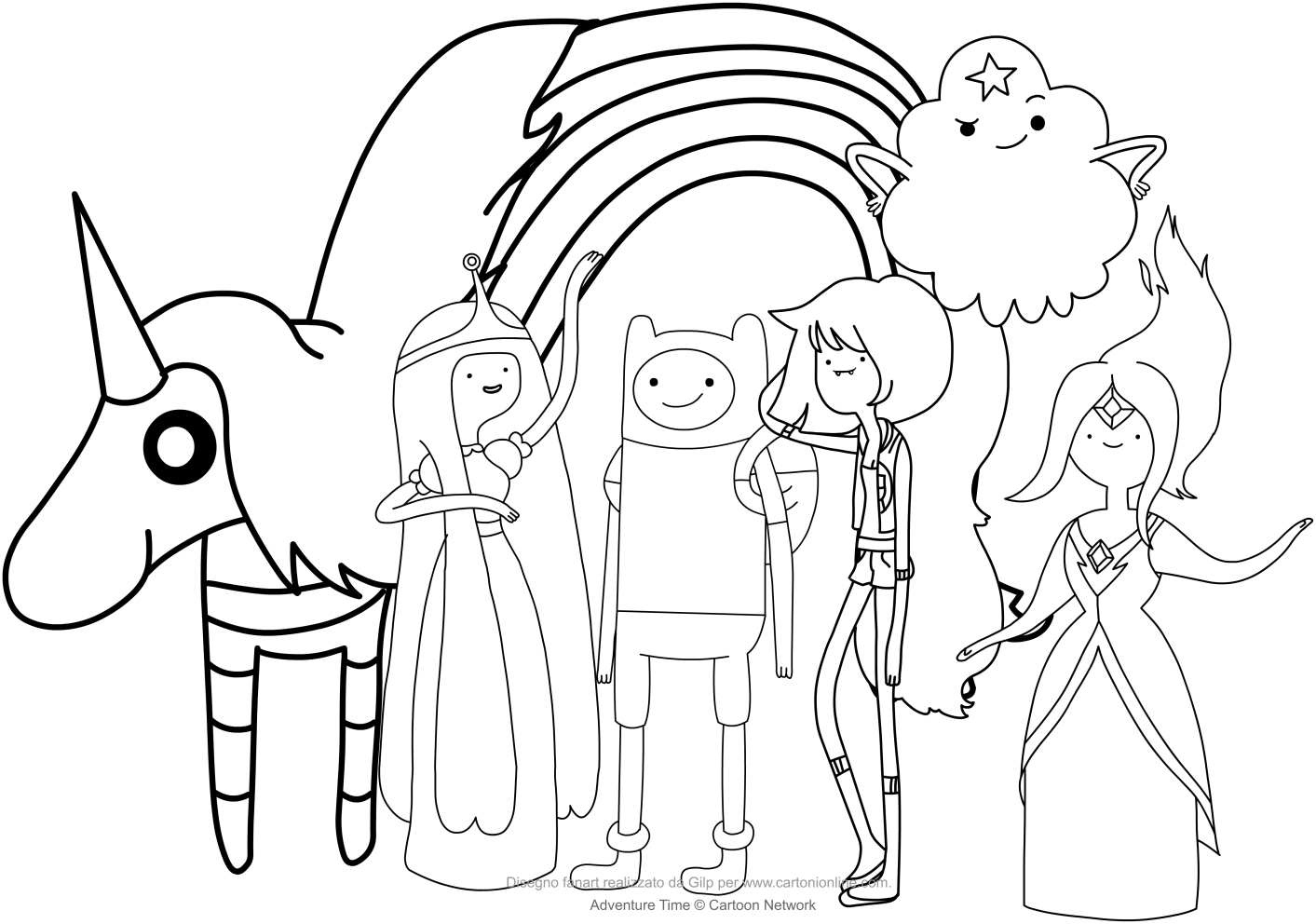  Finn and the princesses (Adventure Time) coloring page to print