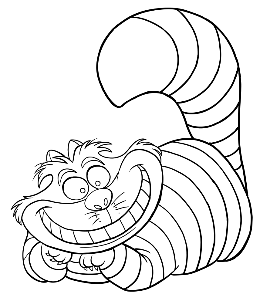 Drawing of the Cheshire Cat of Alice in Wonderland, coloring page to print