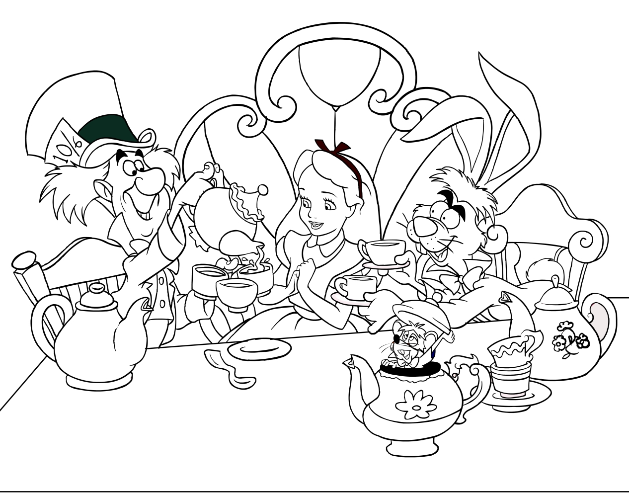  Alice, the mad hatter and the hare leap, coloring page to print