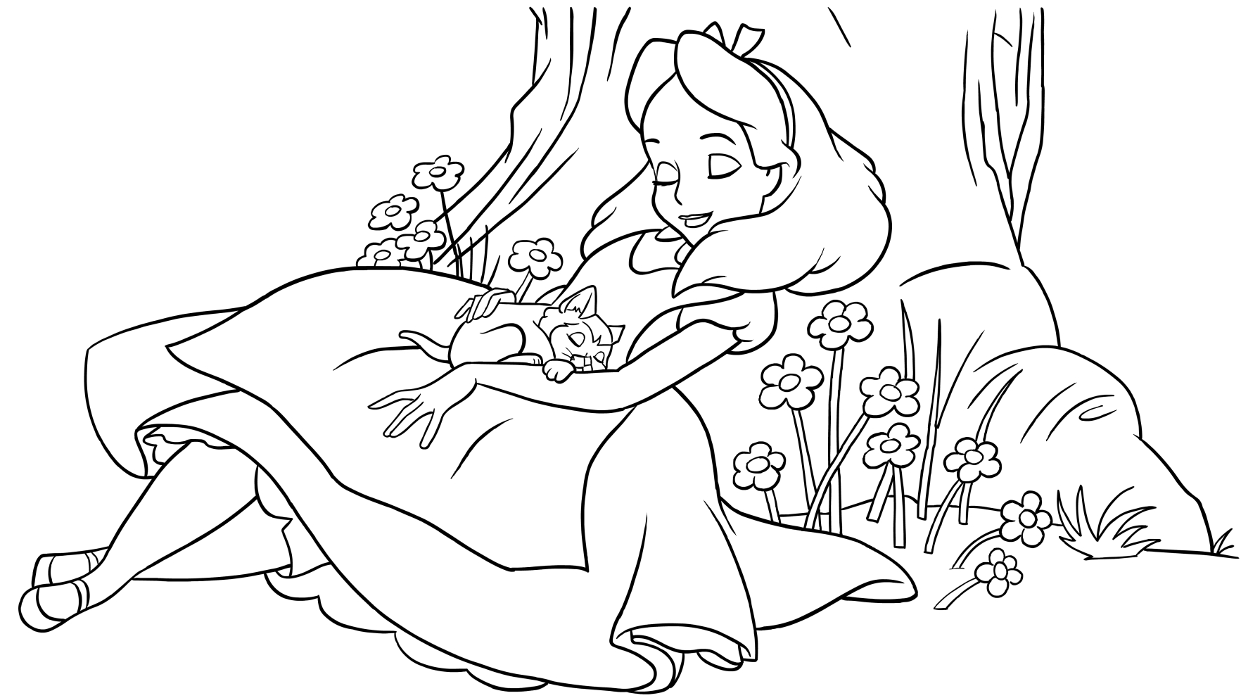  Alice sleeping with her cat, coloring page to print