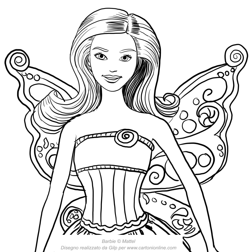  Barbie fairy with a face in the foreground coloring page to print 