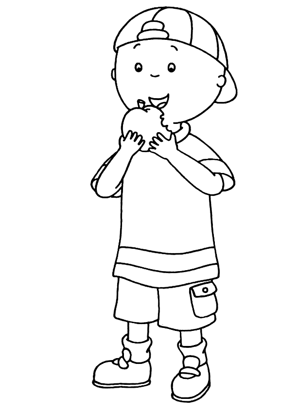 Drawing of Caillou who eats an apple to print and coloring
