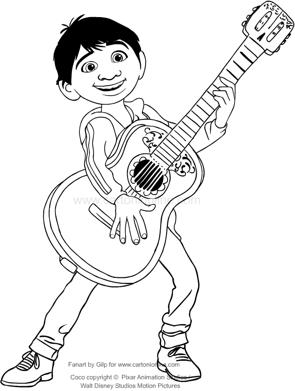 Drawing Miguel who play the guitar (Coco the movie ) coloring pages printable for kids
