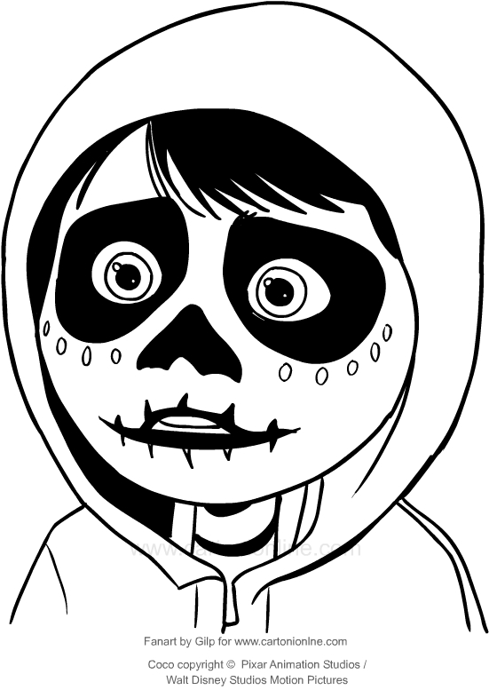 Drawing Miguel with a mask of skeleton (Coco the movie ) coloring pages printable for kids