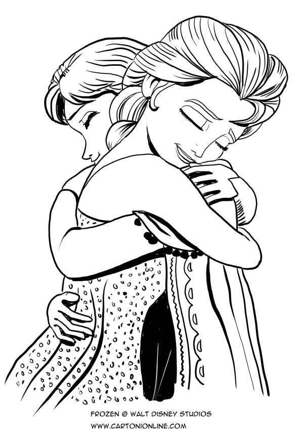 Anna and Elsa hug coloring page