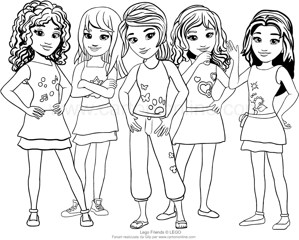 Drawing the Lego Friends in gruppo coloring pages printable for kids
