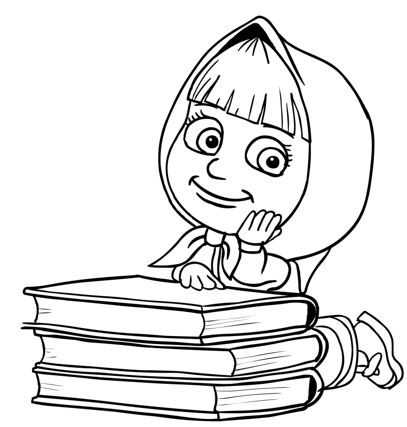 Masha on the books coloring page