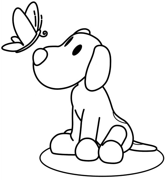 Drawing dog Loula looking a butterfly coloring pages printable for kids