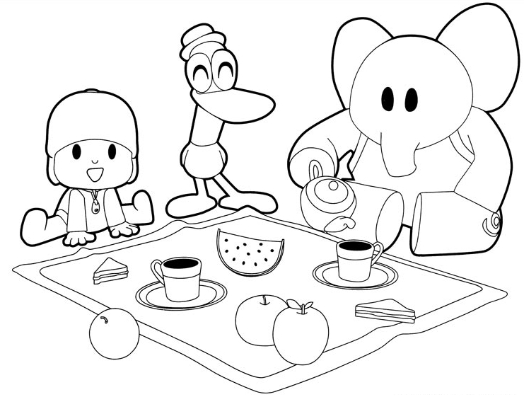 Drawing Pocoy, Pato and Elly have breakfast coloring pages printable for kids