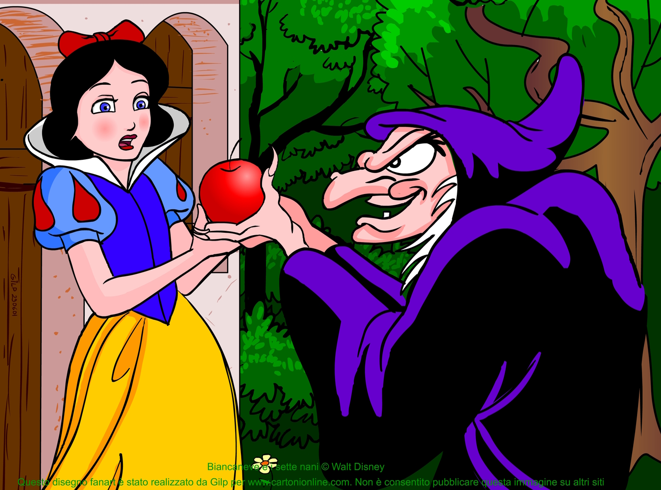 Immagine di Biancaneve e la strega cattiva che le consegna la mela avvelenata
