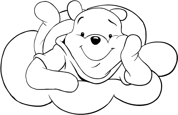 Desenho de Ursinho Pooh na nuvem di compleanno para impresso e colorir