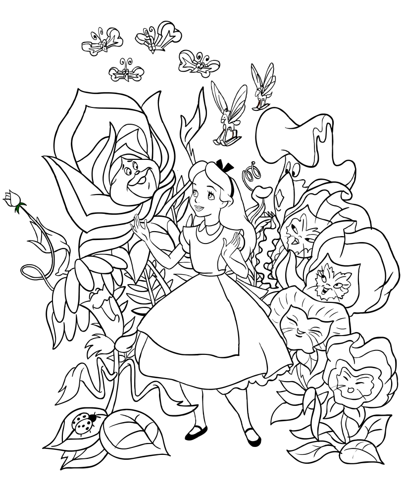 Desenho de Alice com flores cantando, para impresso e colorir