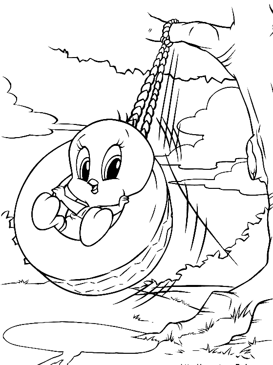 Desenho de Baby Piu-piu balanando em um balano (Baby Looney Tunes) para impresso e colorir