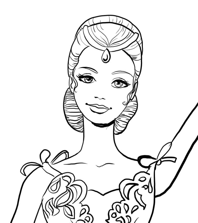 Desenho de Barbie bailarina
 com o rosto em primeiro plano para impresso e colorir 