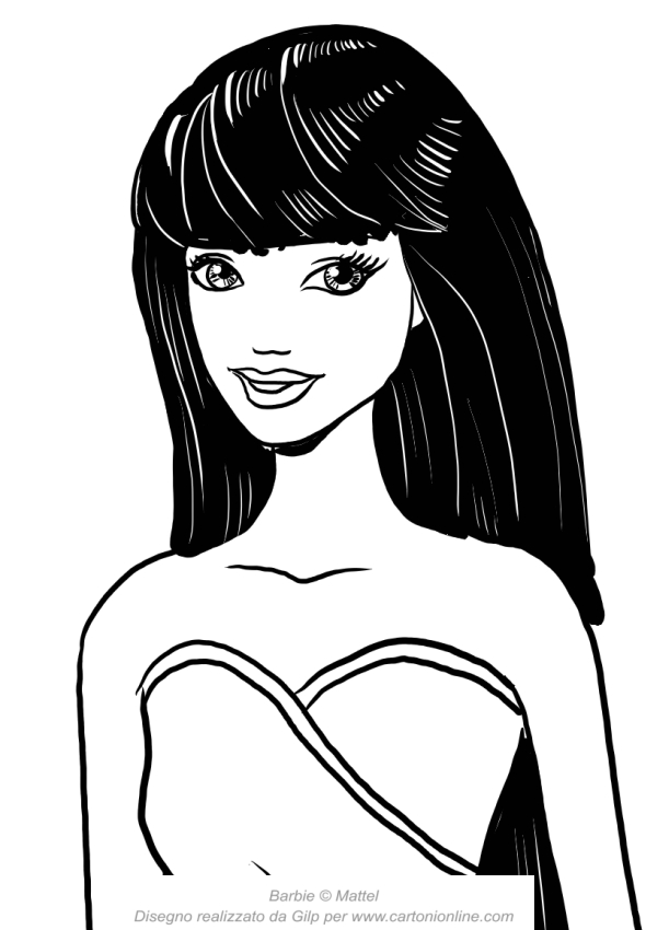 Desenho de Barbie com cabelo preto com o rosto em primeiro plano para impresso e colorir 