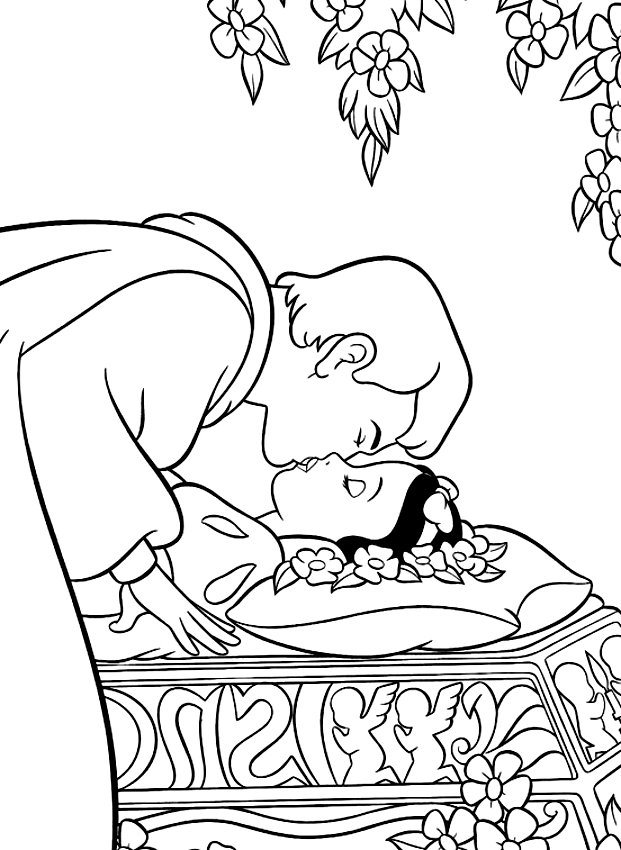Desenho de o prncipe beijando Branca de Neve para impresso e colorir