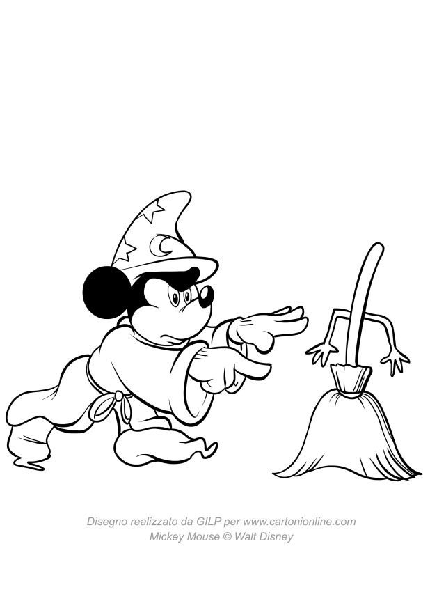 Desenho de Mickey Mouse aprendiz de Feiticeiro para impresso e colorir 