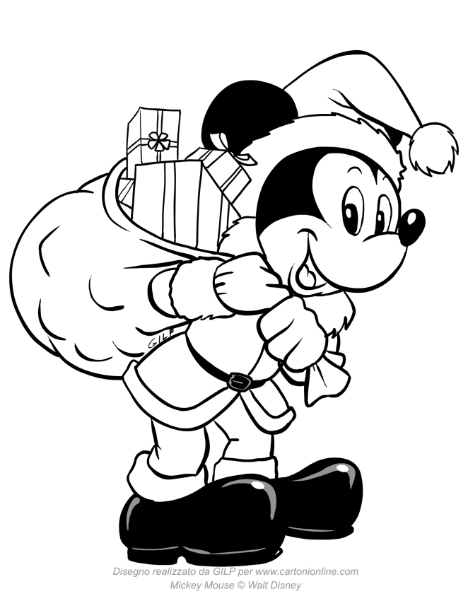 Desenho de Mickey Mouse pai Noel para impresso e colorir 