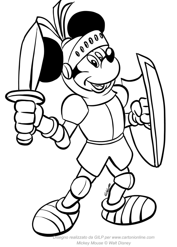 Desenho de Mickey Mouse, cavaleiro medieval  para impresso e colorir 