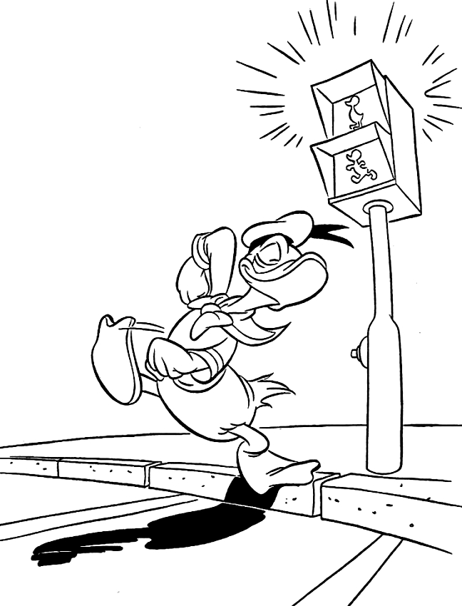 Desenho de Pato Donald atravessando a rua com os semforos vermelhos para impresso e colorir 