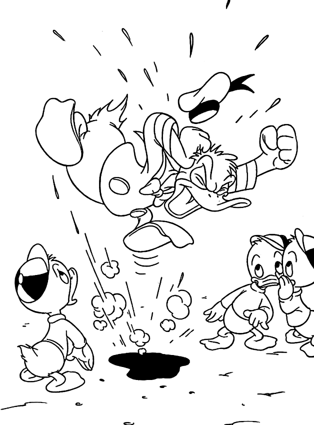 Desenho de Pato Donald discutindo com  Huguinho, Zezinho e Luisinho para impresso e colorir 
