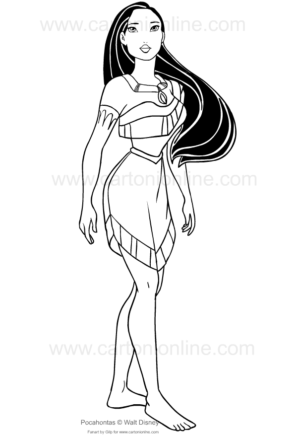 Desenho de Pocahontas para impresso e colorir