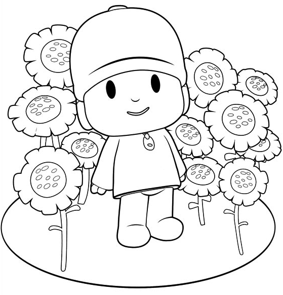 Desenho de Pocoy no meio das flores para impresso e colorir