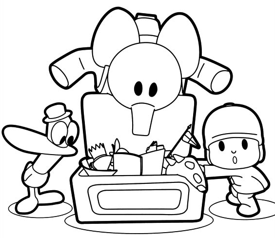 Desenho de Pocoyo, Pato e Elly abrindo um ba de brinquedos para impresso e colorir