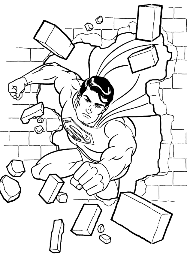 Desenho de Superman quebrando uma parede para impresso e colorir 