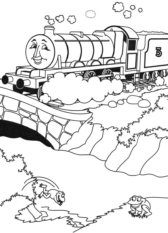 Desenho de o trem Henry que atravessa a ponte para impresso e colorir