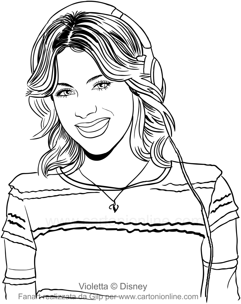 Desenho de Violetta sorrindo e ouvindo msica para impresso e colorir