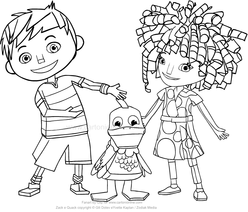 Desenho de Zack, Quack e Kira para impresso e colorir