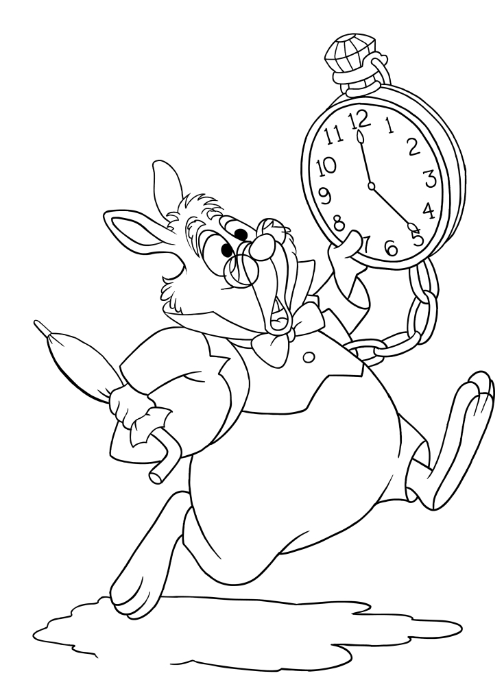 Dibujo de Conejo blanco corriendo con el reloj, para imprimir y colorear