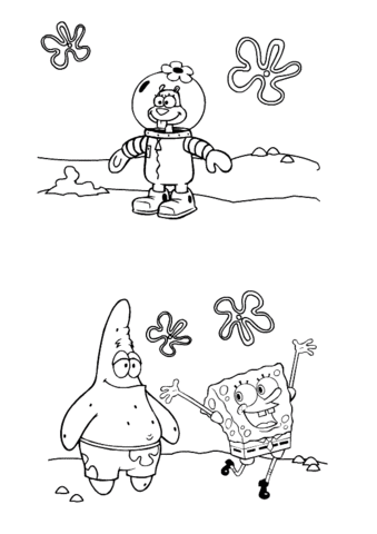 Dibujo de Bob Esponja felice con Patrick e Sandy Cheeks para imprimir y colorear 